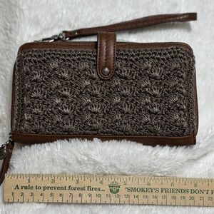 Brown Wristlet Wallet with crochet front accent Sakroots brand EUC